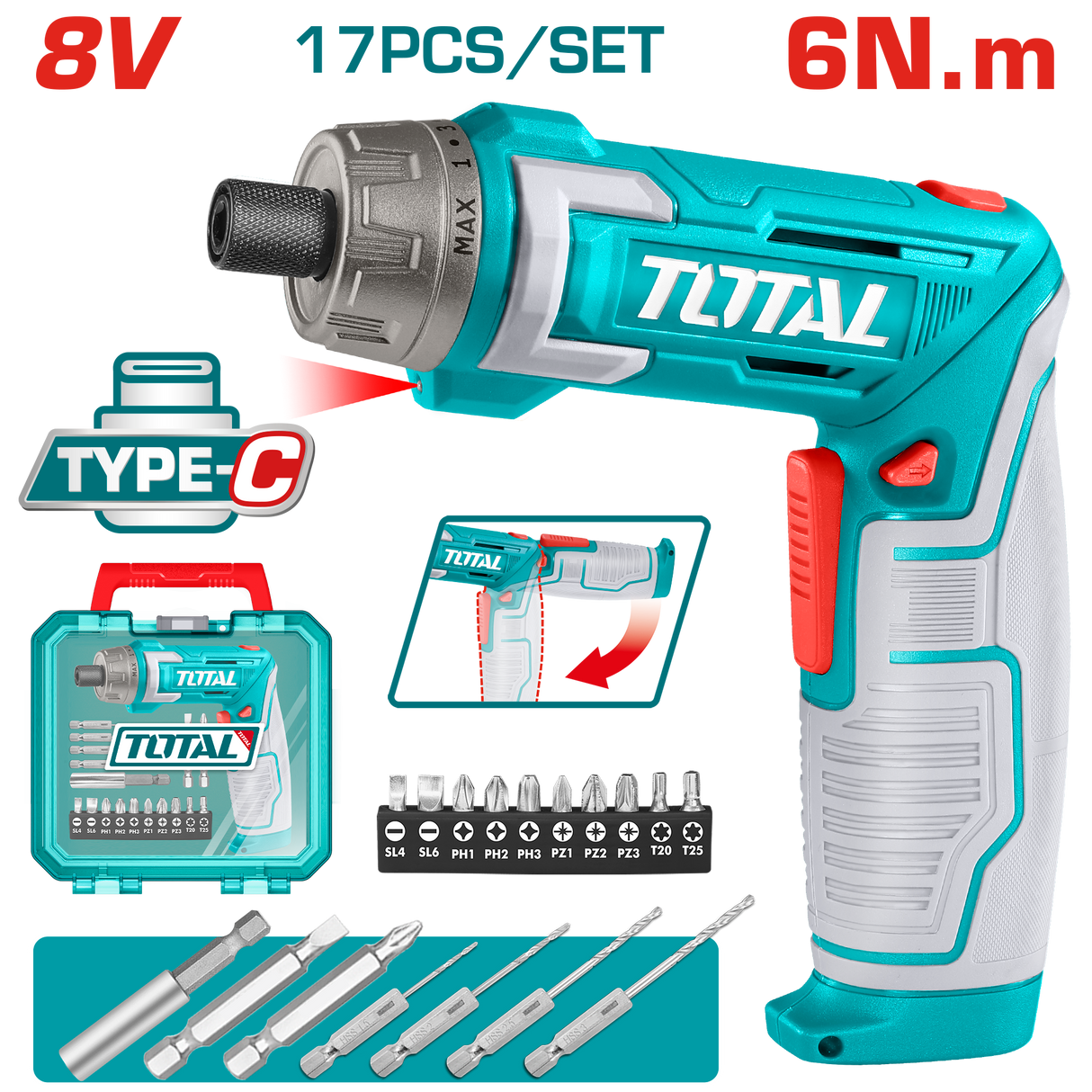 Surubelnita electrica TOTAL 8V Li-Ion – USB-C, maner reglabil, set 16 accesorii, 2, atomico.ro