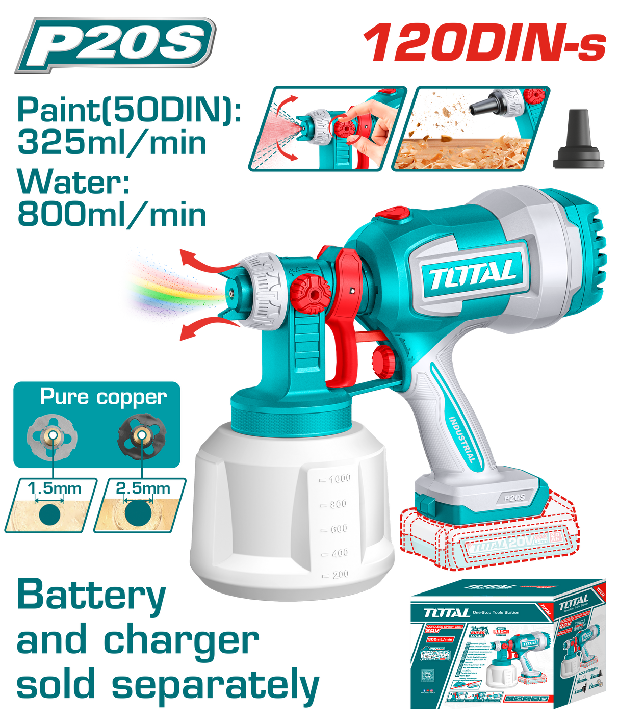 Pistol de vopsit TOTAL 20V Li-Ion, debit maxim 800 ml/min, rezervor 1000 ml, acumulatorul si incarcatorul se vand separat, 2, atomico.ro