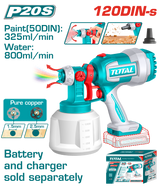 Pistol de vopsit TOTAL 20V Li-Ion, debit maxim 800 ml/min, rezervor 1000 ml, acumulatorul si incarcatorul se vand separat