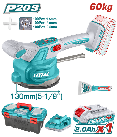 Vibratoare beton, Vibrator cu ventuza pentru placi ceramice TOTAL – 20V, 60 kg, 6 viteze, set accesorii inclus (include acumulator si incarcator), 11, atomico.ro