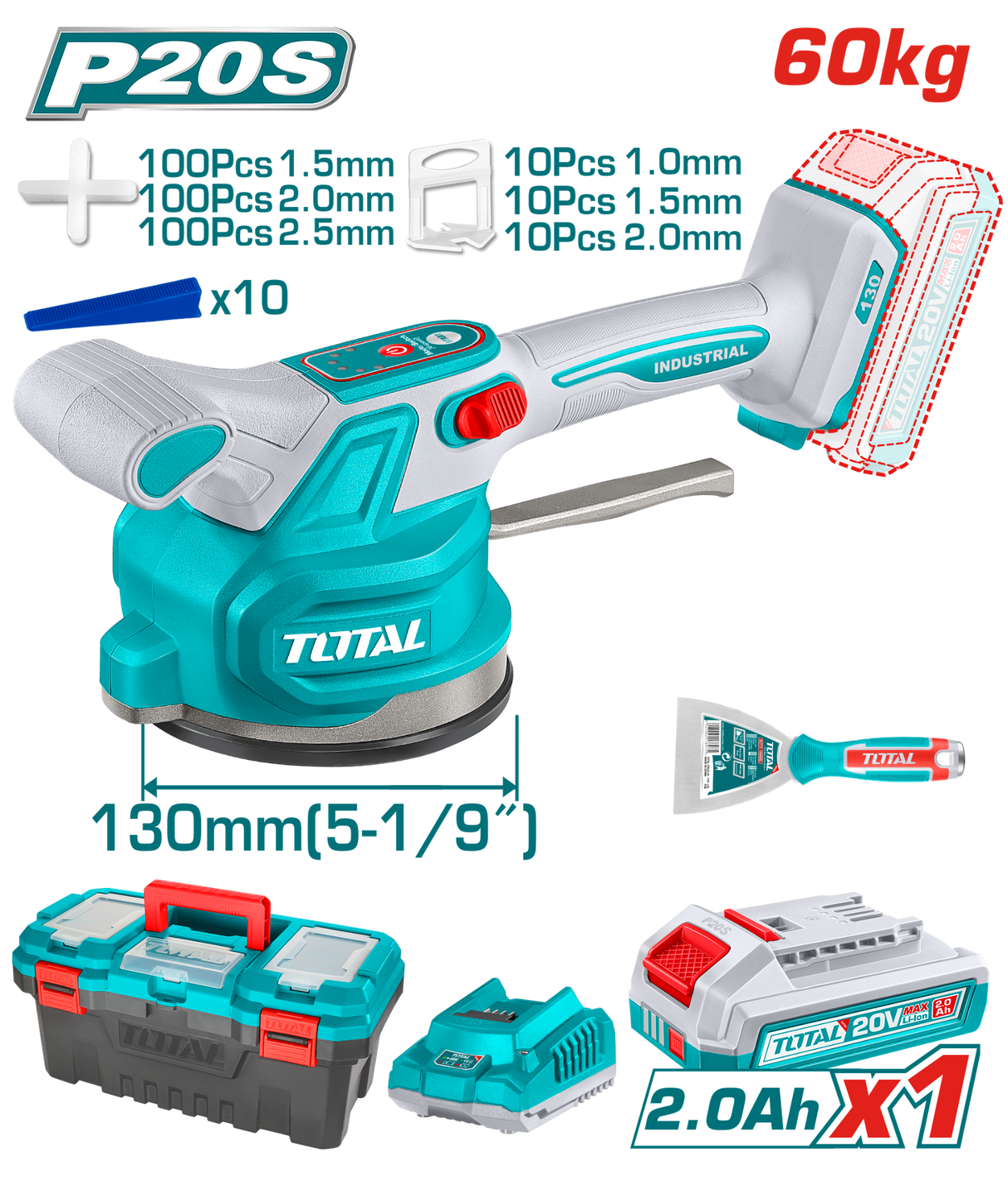 Vibrator cu ventuza pentru placi ceramice TOTAL 20V, ventuza 130 mm, 10000 rpm, cu acumulator si incarcator, 1, atomico.ro