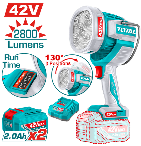 Lampi, lanterne, reflectoare, Lampa de lucru TOTAL 42V, 2800 lumeni, LED 50W, cu 2 acumulatori 2.0Ah si incarcator, atomico.ro