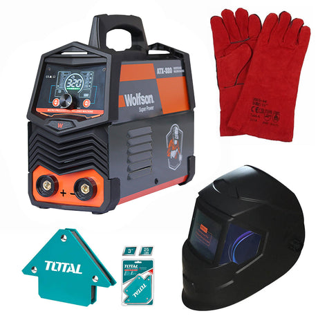 Aparate de sudura cu electrod (MMA tip invertor), Aparat de sudura cu electrod Wolfson ATX-320 cu Inverter 2 in 1 MMA si LIFT-TIG, 140Ah + Masca de sudura automata, Manusi de sudura, coltare magnetice, 1, atomico.ro