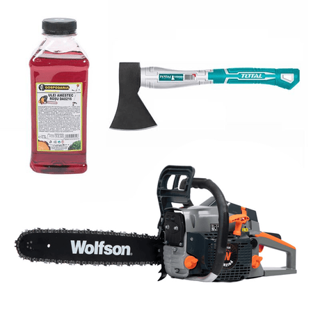 Oferta Zilei, Drujba pe benzina WOLFSON STX-580, 2.6CP, 52CC, 2 lame + 2 lanturi + ulei amestec 0.5L, toporisca Total 600g, 1, atomico.ro
