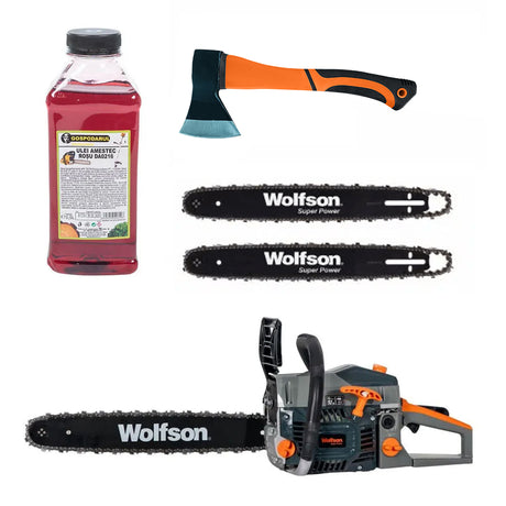 Gradina si Ferma, Drujba pe benzina WOLFSON STX-620, 3.5CP, 58CC, 2 lame, 2 lanturi + ulei amestec 0.5L, toporisca fibra Wolfson, 1, atomico.ro