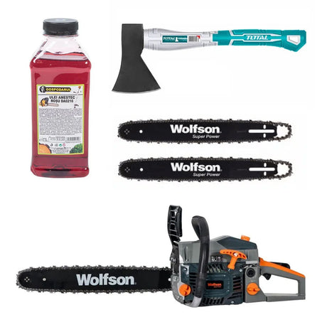 Oferta Zilei, Drujba pe benzina WOLFSON STX-620, 3.5CP, 58CC, 2 lame, 2 lanturi + ulei amestec 0.5L, toporisca Total 600g, 1, atomico.ro