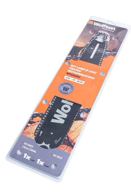 Accesorii Drujbe, Set Lama si lant Wolfson pentru motofierastrau, 3/25, 38cm, 15, 32 dinti taietori, 64 zale, canal 1.5mm, 3, atomico.ro