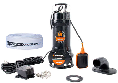Pompe apa murdara cu tocator, Pompa submersibila profesionala cu tocator Wolfson pentru apa murdara PWT-7500-F, 1500W, debit max 18000l/h - 2 toli + furtun 20m, 1, atomico.ro
