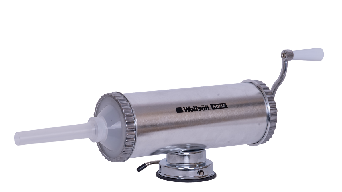 Masina manuala de umplut carnati Wolfson Home K2005A, 3 kg, corp aluminiu, cu ventuza, 5 palnii, montaj orizontal, 1, atomico.ro