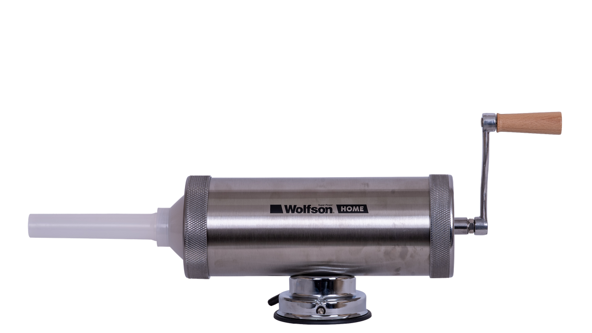Masina manuala de umplut carnati Wolfson Home K2005S, 3 kg, corp inox, cu ventuza, 5 palnii, montaj orizontal, 1, atomico.ro