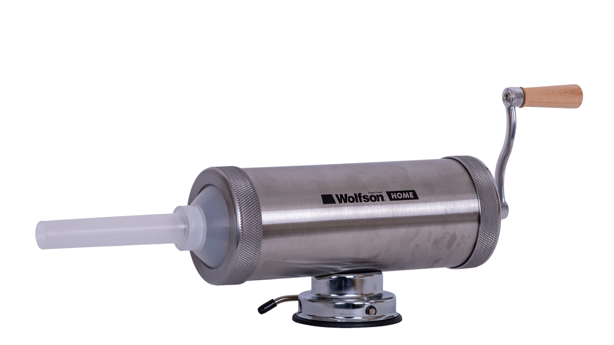 Masina manuala de umplut carnati Wolfson Home K2005S, 3 kg, corp inox, cu ventuza, 5 palnii, montaj orizontal, 6, atomico.ro
