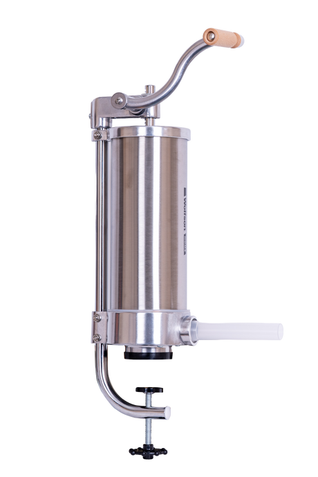 Masini de facut carnati, Masina manuala de umplut carnati Wolfson Home K2006VS 3 kg, corp inox si aluminiu, 5 palnii, actionare cu cremaliera, montaj vertical, 2, atomico.ro