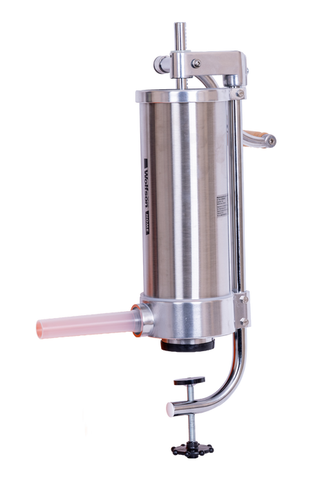 Masini de facut carnati, Masina manuala de umplut carnati Wolfson Home K2006VS 3 kg, corp inox si aluminiu, 5 palnii, actionare cu cremaliera, montaj vertical, 1, atomico.ro