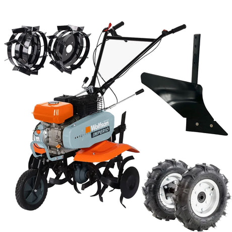 Motosape pe benzina, Motosapa pe benzina Wolfson Imperio, 7CP, 212cc, latime de lucru 80cm, cu roti de transport + plug arat si roti metalice 4.00x8, 1, atomico.ro