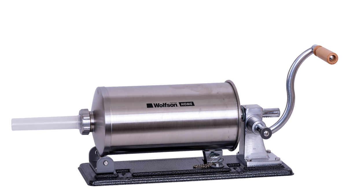 Masina manuala de umplut carnati Wolfson Home K2010PA 6 kg, corp inox si aluminiu, 5 palnii, actionare cu cremaliera, montaj orizontal, 1, atomico.ro