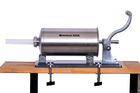 Electrocasnice mici, Masina manuala de umplut carnati Wolfson Home K2010PA 6 kg, corp inox si aluminiu, 5 palnii, actionare cu cremaliera, montaj orizontal, 7, atomico.ro