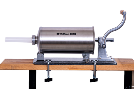 Masini de facut carnati, Masina manuala de umplut carnati Wolfson Home K2010PA 6 kg, corp inox si aluminiu, 5 palnii, actionare cu cremaliera, montaj orizontal, 10, atomico.ro