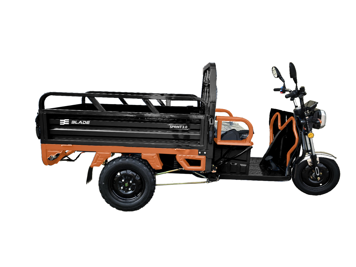 Triciclu Cargo electric BLADE Sprint 3.0 - 2000W, 25 km/h, autonomie pana la 70 km, baterie plumb-acid 72V 45Ah, capacitate maxima 600 kg, fara permis, culoare negru+portocaliu, 1, atomico.ro