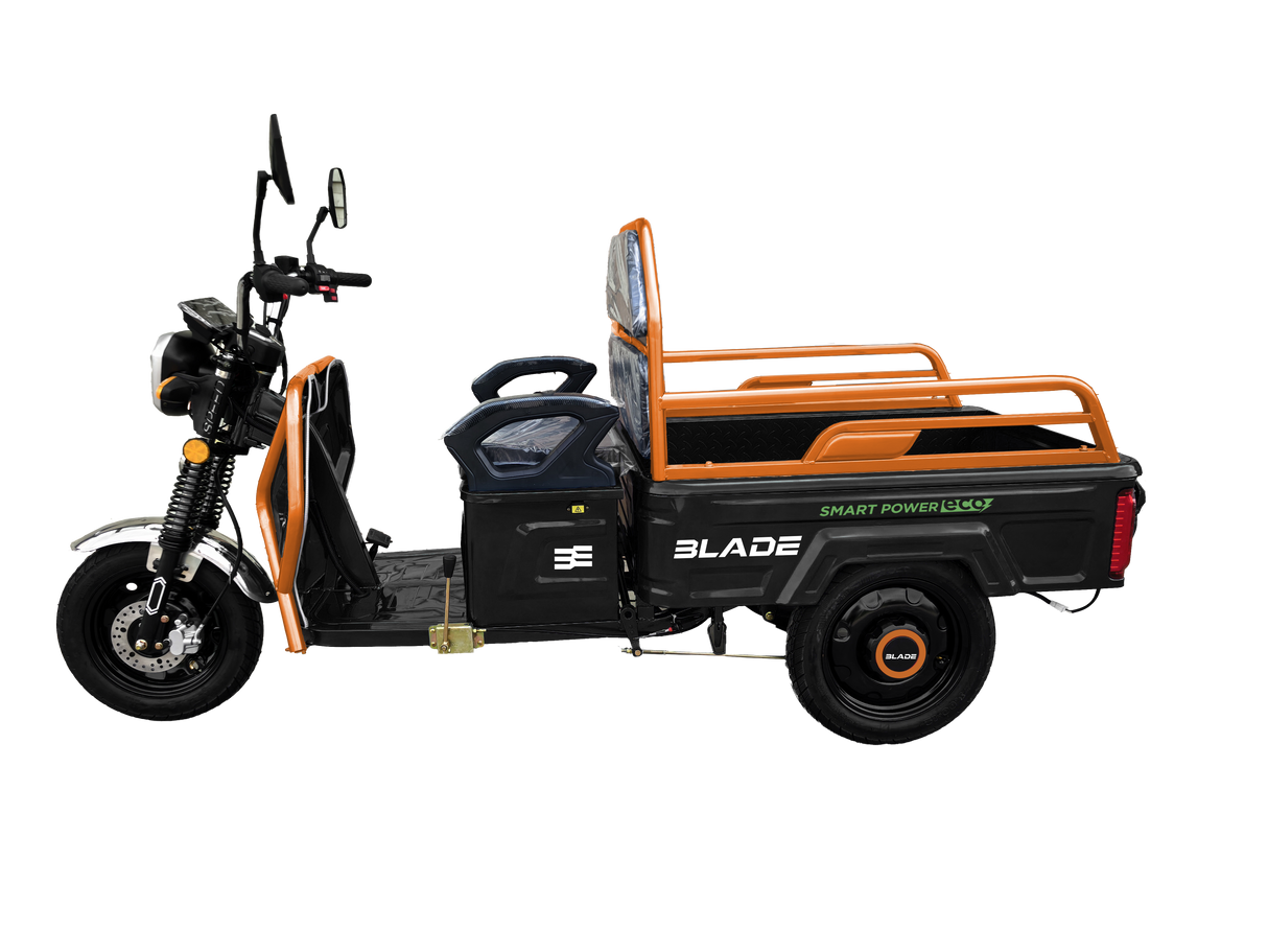 Triciclu Cargo electric BLADE Active R6 1300W, 25 km/h, autonomie pana la 50 km, baterie plumb-acid 72 V/20 Ah, capacitate maxima 500 kg, fara permis, culoare negru-portocaliu, 1, atomico.ro
