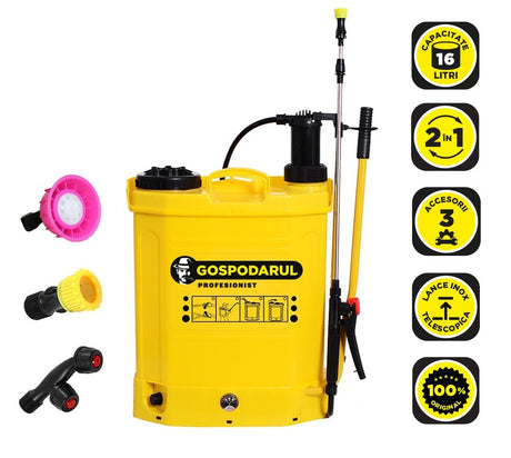 Pompe de stropit (vermorele), Pompa de stropit Gospodarul Profesionist 16L - 2 in 1 cu baterie + actionare manuala, 3 duze incluse, 2, atomico.ro