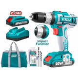 TOTAL - MASINA DE GAURIT CU PERCUTIE SI ACUMULATOR 20V-2.0AH LI-ION 2 ACUMULATORI + 50 ACCESORII 