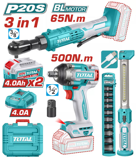 Scule TOTAL, Kit Combo TOTAL 20V - masina de insurubat cu impact, cheie dreapta cu impact, lampa de lucru (include 2 acumulatori si 1 incarcator), atomico.ro
