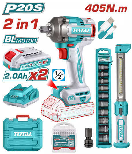Scule TOTAL, Kit Combo TOTAL 20V - masina de insurubat cu impact, lampa de lucru (include 2 acumulatori si 1 incarcator), atomico.ro