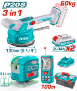 Kit Combo TOTAL 20V - vibrator cu ventuza pentru placi ceramice, telemetru laser, nivela laser (include 2 acumulatori)