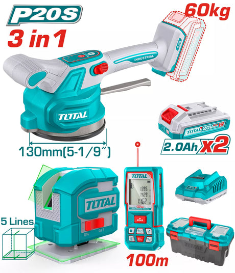 Vibratoare beton, Kit Combo TOTAL 20V - vibrator cu ventuza pentru placi ceramice, telemetru laser, nivela laser (include 2 acumulatori), 2, atomico.ro