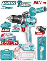 Masina de gaurit cu impact TOTAL 20V, motor fara perii, 96 Nm, 2 acumulatori 4.0Ah Li-Ion, mandrina metalica 13 mm (2 acumulatori, 1 incarcator)