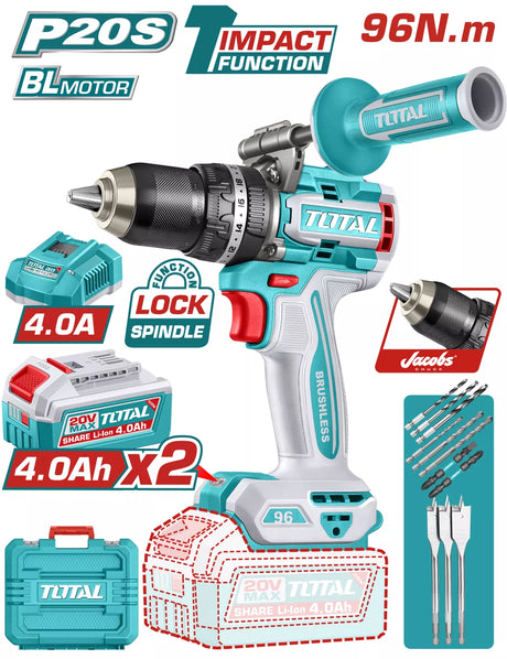 Scule TOTAL, Masina de gaurit cu impact TOTAL 20V, motor fara perii, 96 Nm, 2 acumulatori 4.0Ah Li-Ion, mandrina metalica 13 mm (2 acumulatori, 1 incarcator), 6, atomico.ro
