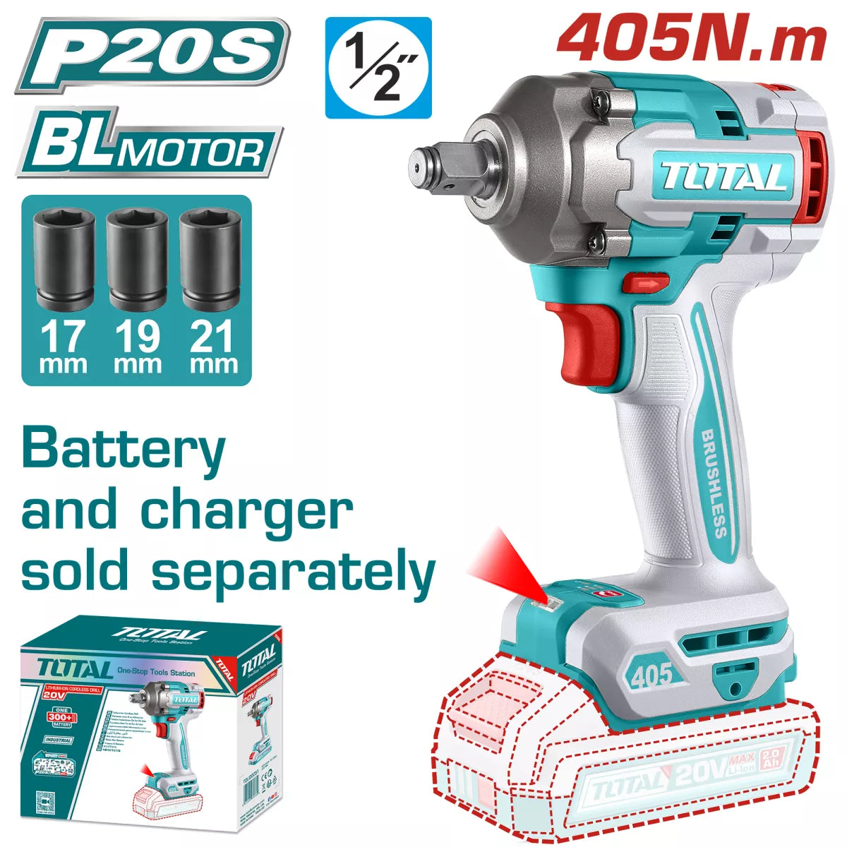 Masina de insurubat cu impact TOTAL, 20V, 405Nm, 1/2" (nu include acumulator), 2, atomico.ro