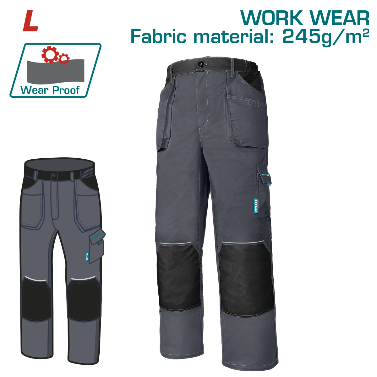 Pantaloni de lucru TOTAL marimea L, material 245 g/mp, poliester si bumbac, buzunare multiple, insertii Oxford si elemente reflectorizante, 2, atomico.ro