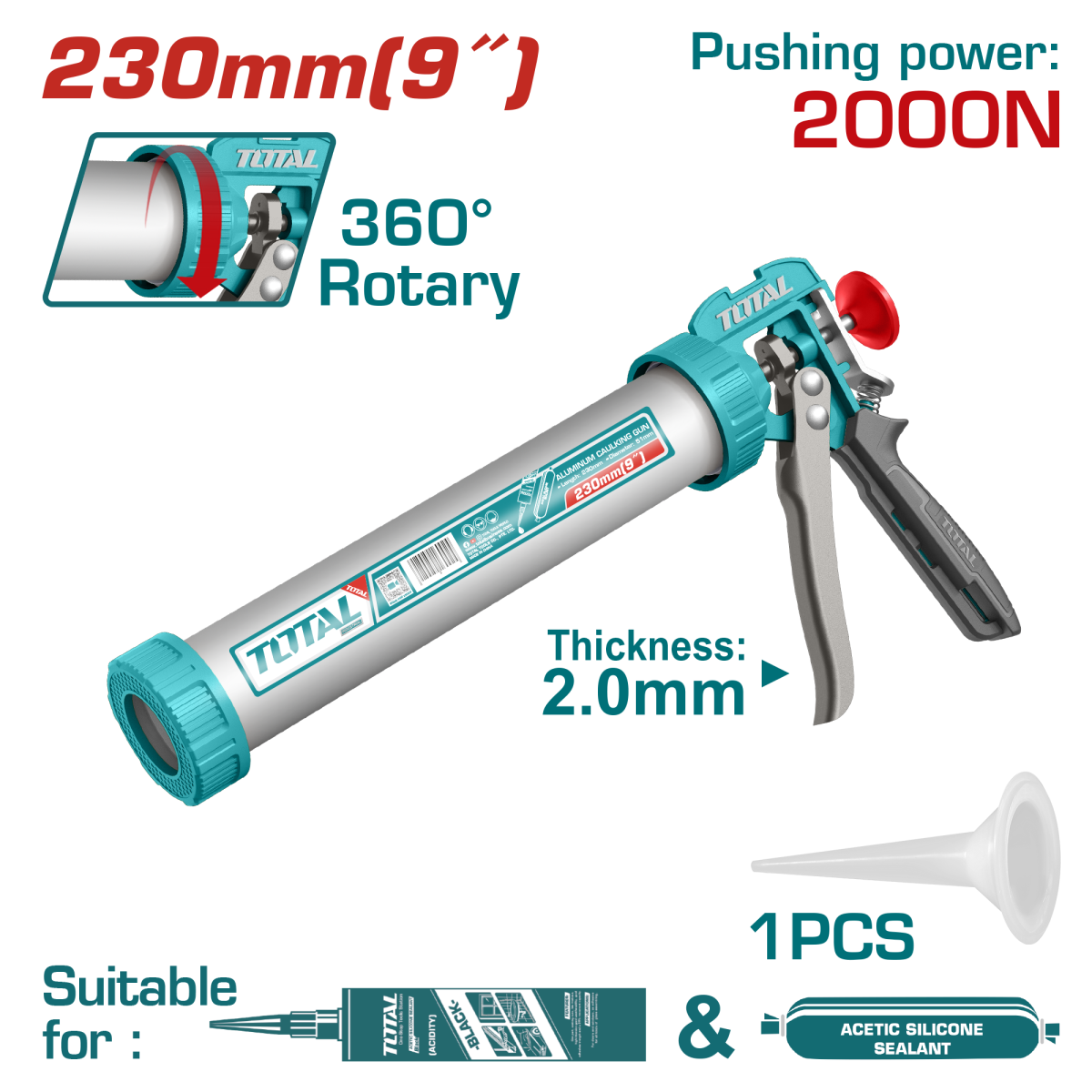 Pistol pentru silicon TOTAL 9", tub si maner din aluminiu ranforsat, 2, atomico.ro