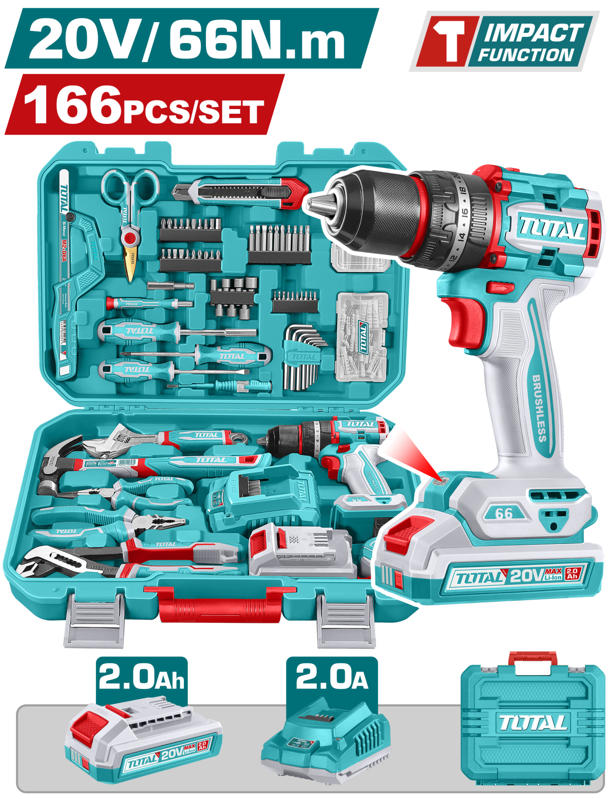 Trusa de scule TOTAL 20V - 166 piese, masina de gaurit si insurubat cu percutie, acumulator 2.0Ah, incarcator si valiza, 1, atomico.ro