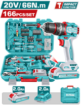 Trusa de scule TOTAL 20V - 166 piese, masina de gaurit si insurubat cu percutie, acumulator 2.0Ah, incarcator si valiza