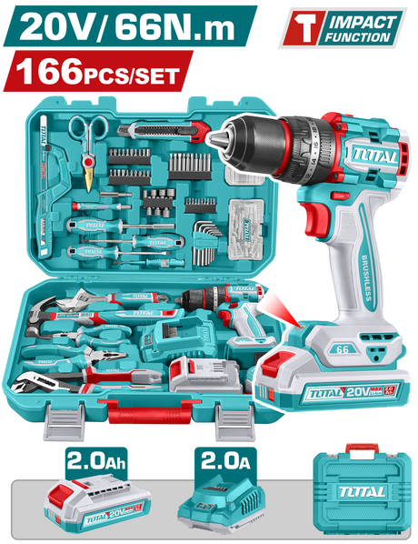 Scule si unelte de mana, Trusa de scule TOTAL 20V - 166 piese, masina de gaurit si insurubat cu percutie, acumulator 2.0Ah, incarcator si valiza, 1, atomico.ro