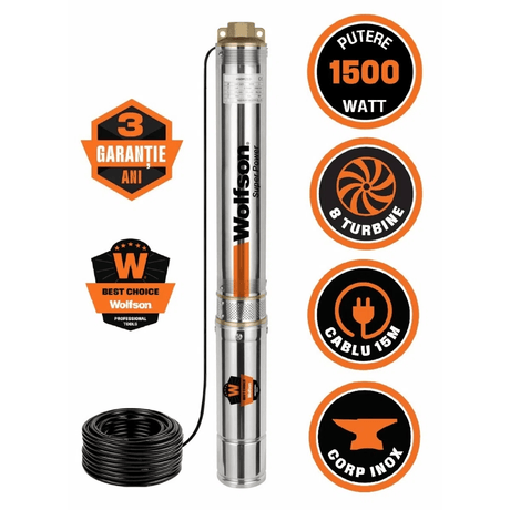 Pompe de Apa, Pompa submersibila apa curata 1100W, WOLFSON PM-1500-8, 8 turbine, cablu 25m, 6600L/h, inaltime max pompare 58m, diametru 100mm, motor capsulat, 2, atomico.ro