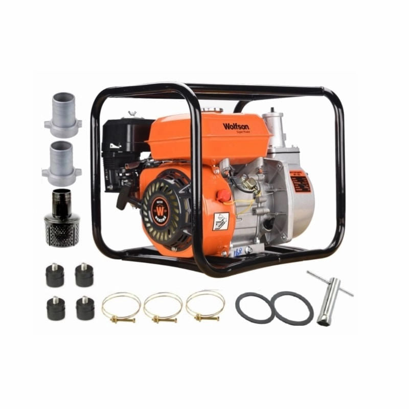 Motopompa apa WOLFSON WT-20, 2 toli, 6.5CP, 27000 l/h + ulei 4T, 0.6L + furtun pompieri 2 x 20m cu racorduri, 1, atomico.ro